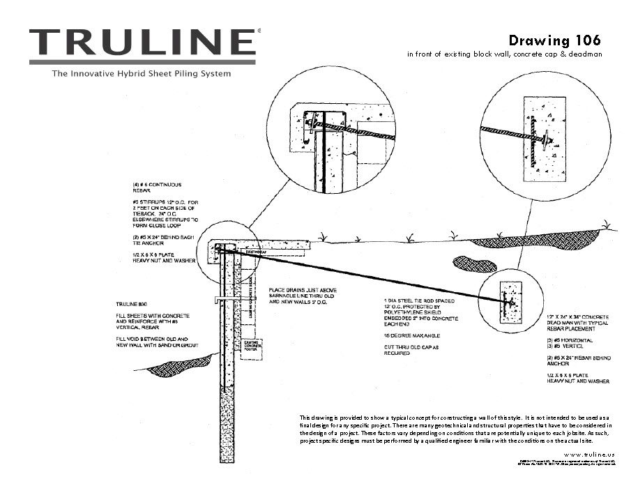 Truline sheet pile drawing in front of block wall 
